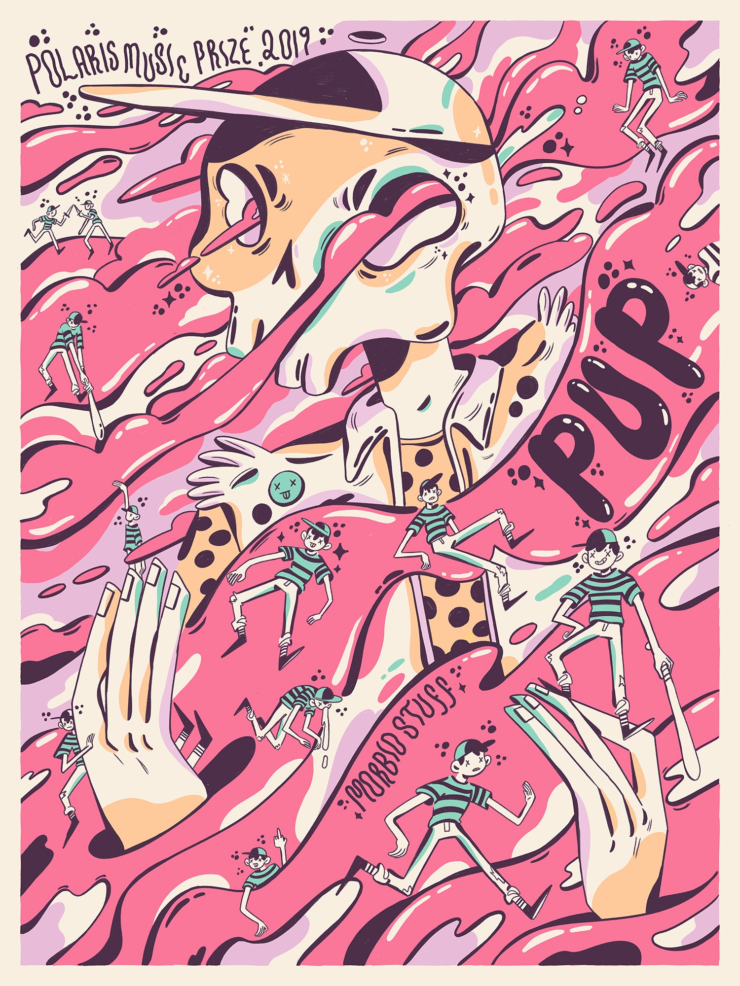  This poster promoting PUP's performance at the 2019 Polaris Music Prize Gala features a skeleton dressed in a dotted shirt and a sleeveless biker's jacket. The skeleton raises its hands while it is being swept away by a pink liquid. Some of the pink liquid flows through the skeleton's eyes. Drawn images of a young boy wearing a green baseball cap with white pants and a green and black striped shirt appears in multiple places on the poster. Each image of the boy depicts him in a different pose such as running; sitting; sword fighting or holding a baseball bat. In the top left corner of the image the words "Polaris Music Prize 2019" appear in a dark shade of purple. On the right centre of the poster the word "PUP" appears in a dark shade of purple. In the low centre of the poster the words "Morbid Stuff" appears in a dark shade of purple.