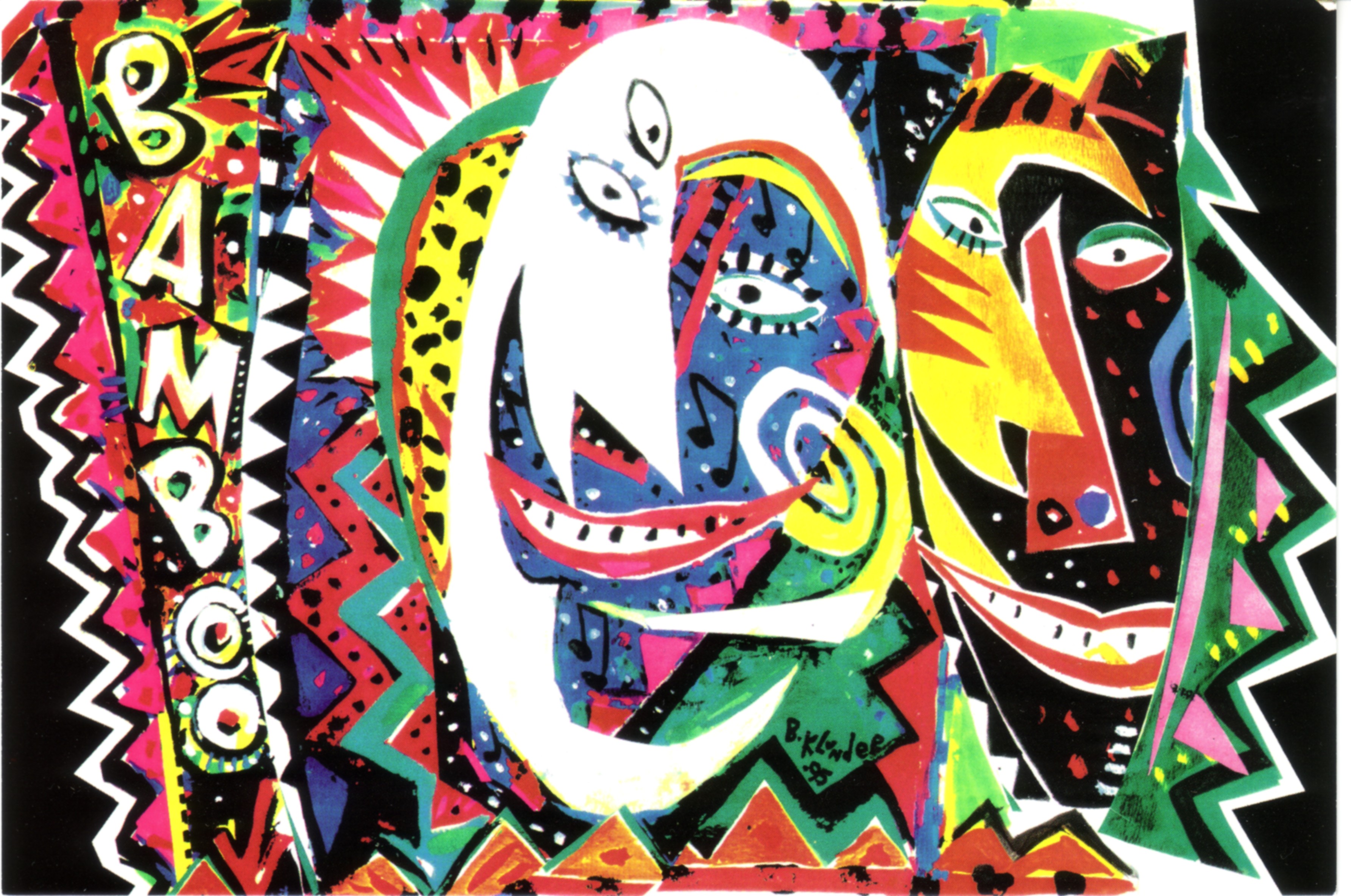 A colourful postcard featuring abstract and geometric faces. On the left the words “Bamboo” are written vertically. 