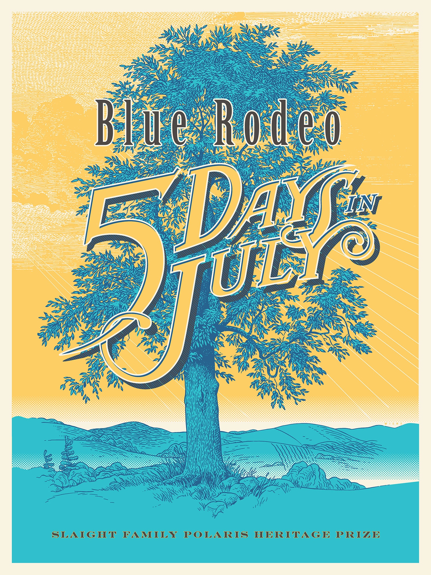  Affiche illustrée montrant un arbre bleu et feuillu au centre. Le ciel est d'un jaune vif. Les mots « Blue Rodeo 5 Days in July » sont écrits au centre.