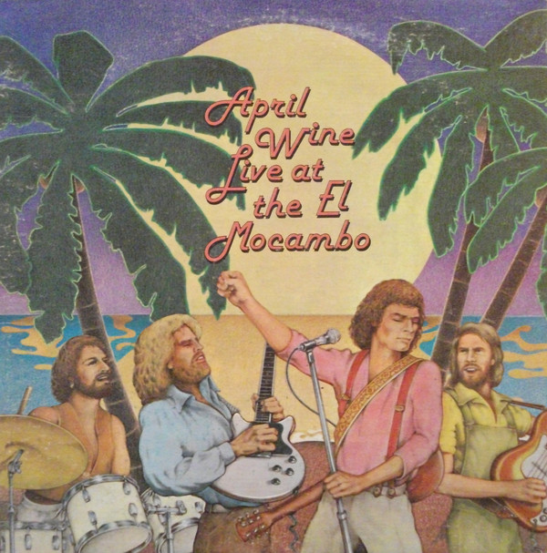 An illustration of four men playing instruments in front of a tropical background with palm trees and a large moon.